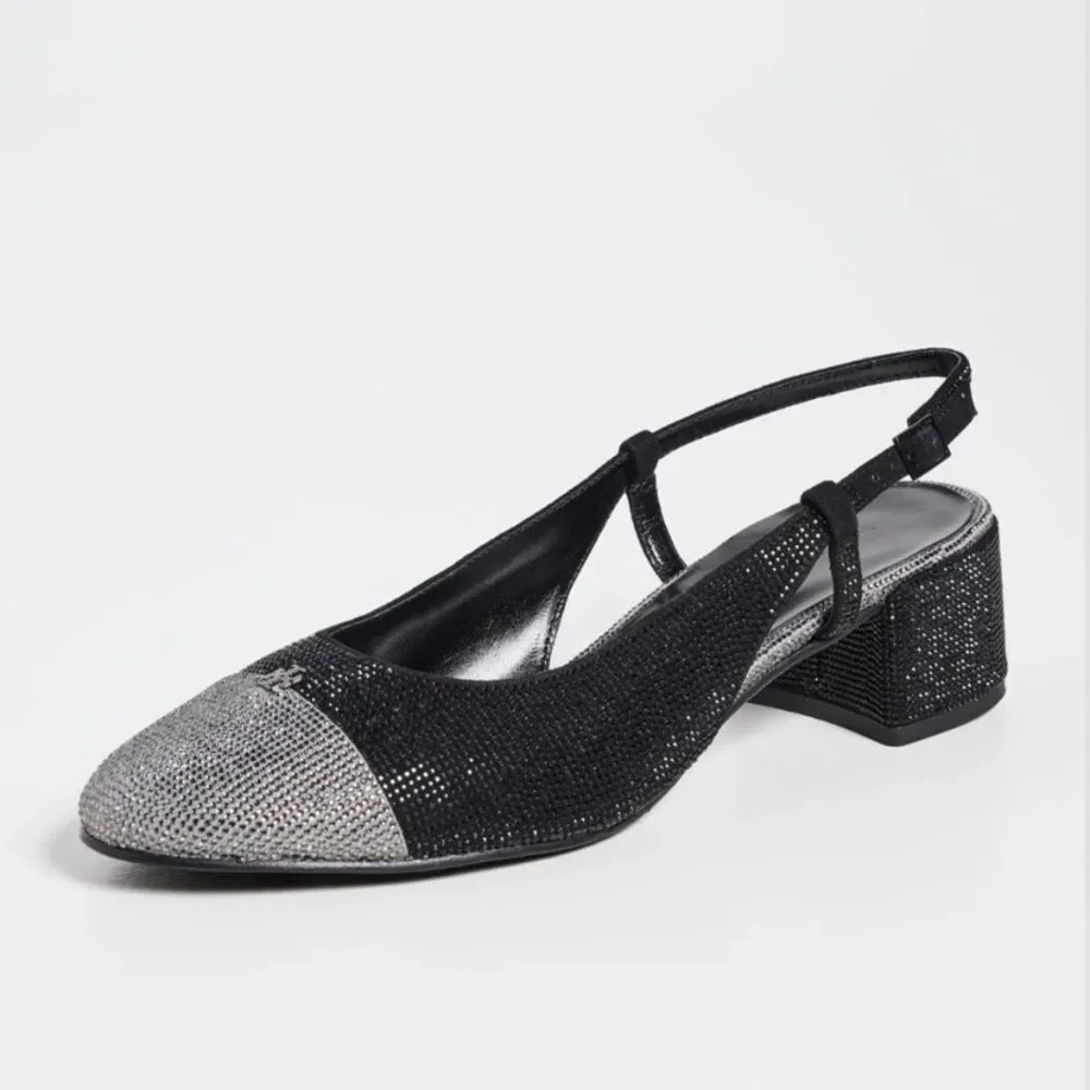 Tory Burch Cap Toe Pave Slingback Heels in Black Silver Size 7